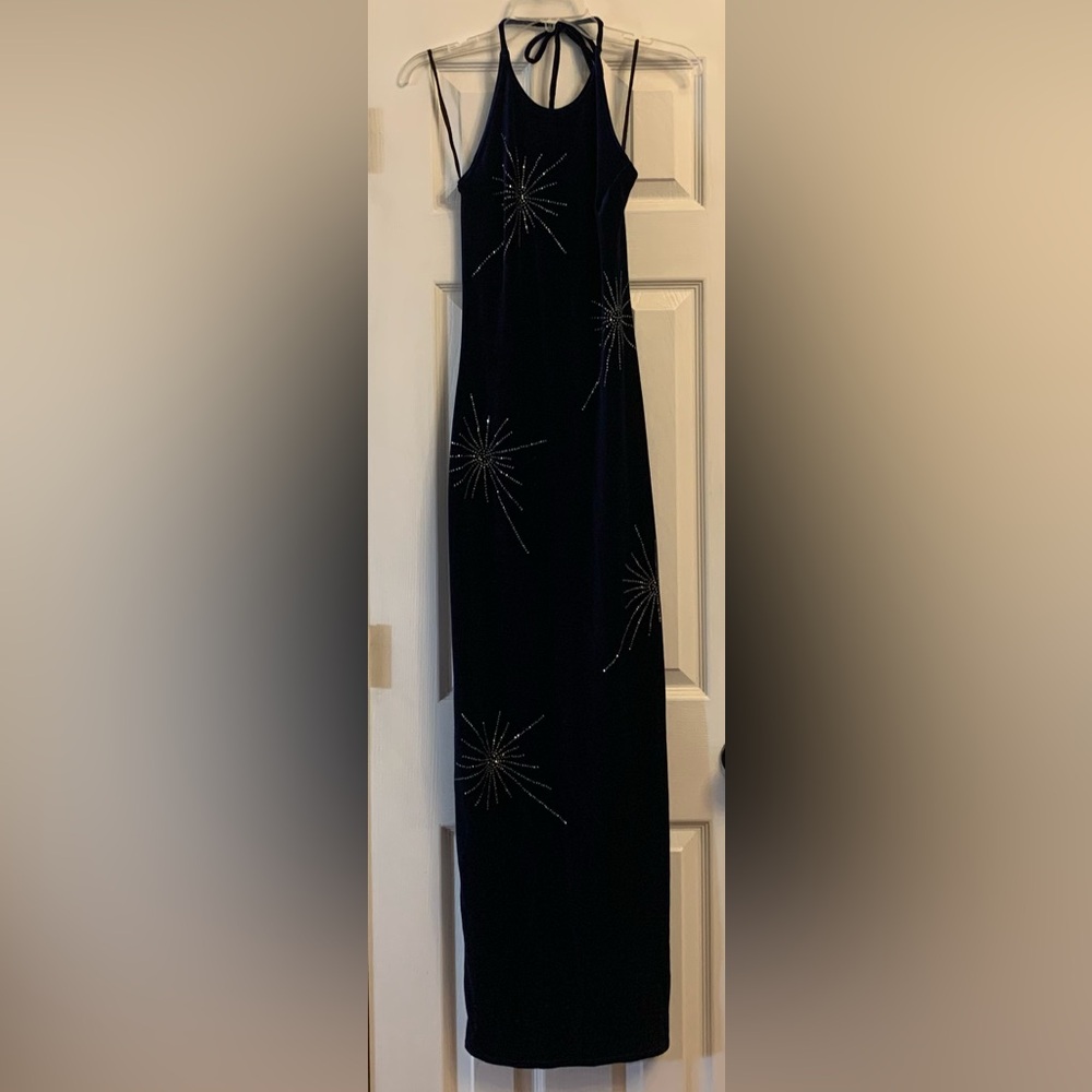 Navy Halter Maxi Dress with Starburst Embellishments